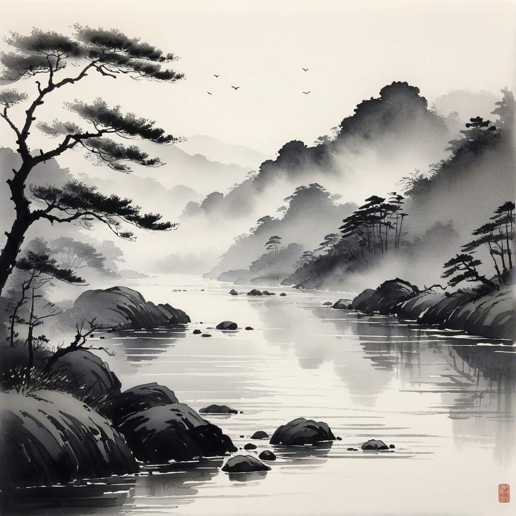 River on a foggy morning, sumi-e art image 