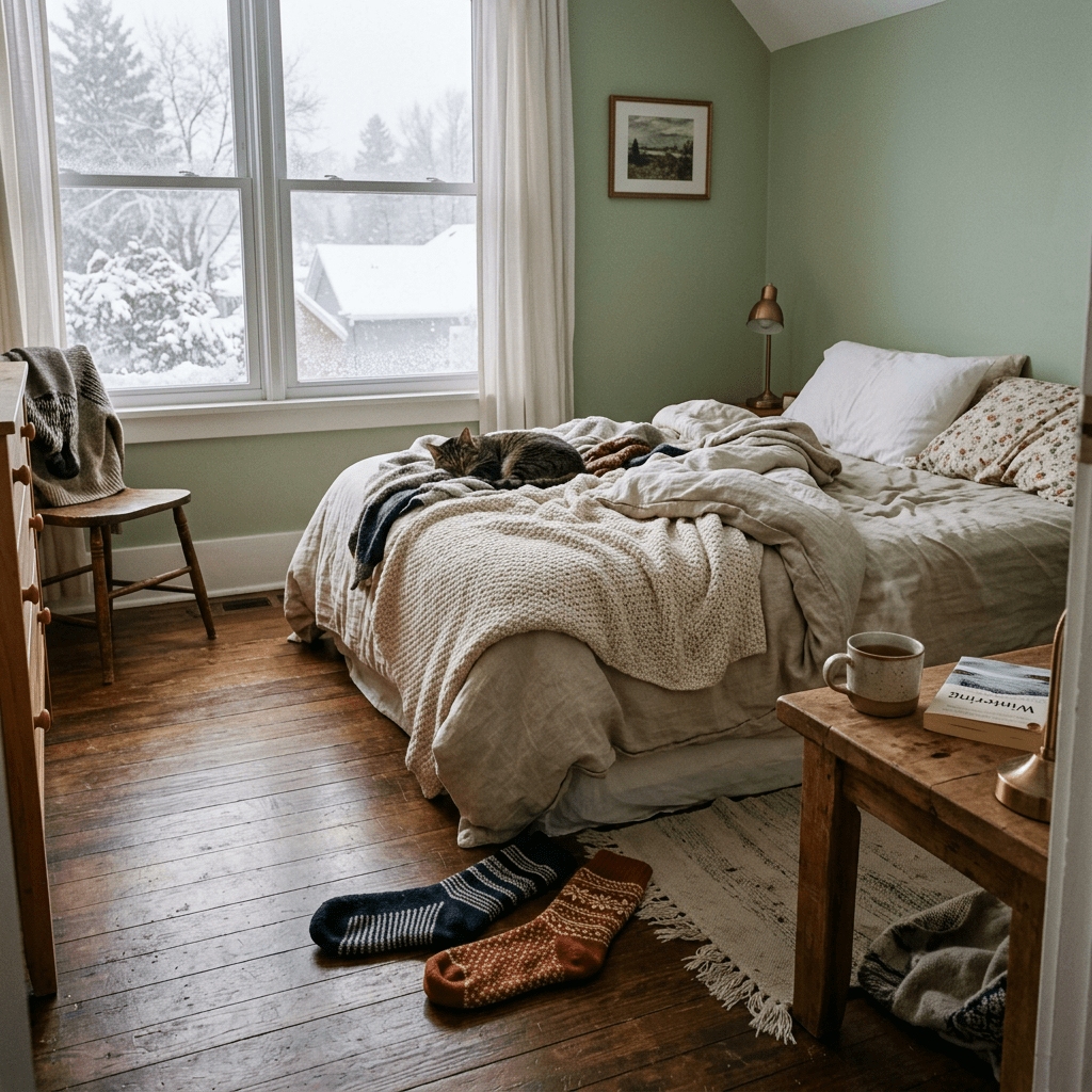 A bed with beige linens and knit blanket, a cat curled up, snowy window view, wooden floor with socks