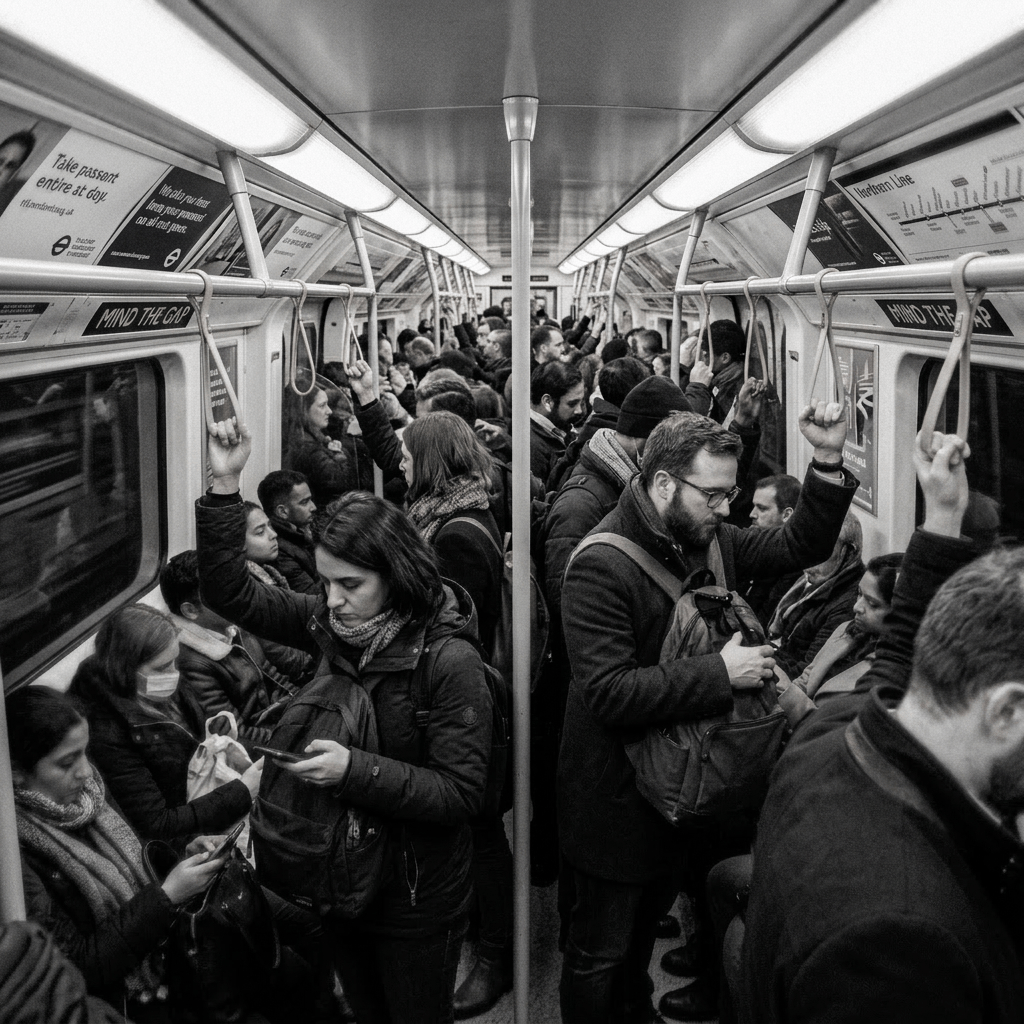 Crowded London Underground train with passengers standing and sitting, holding yellow hand straps
