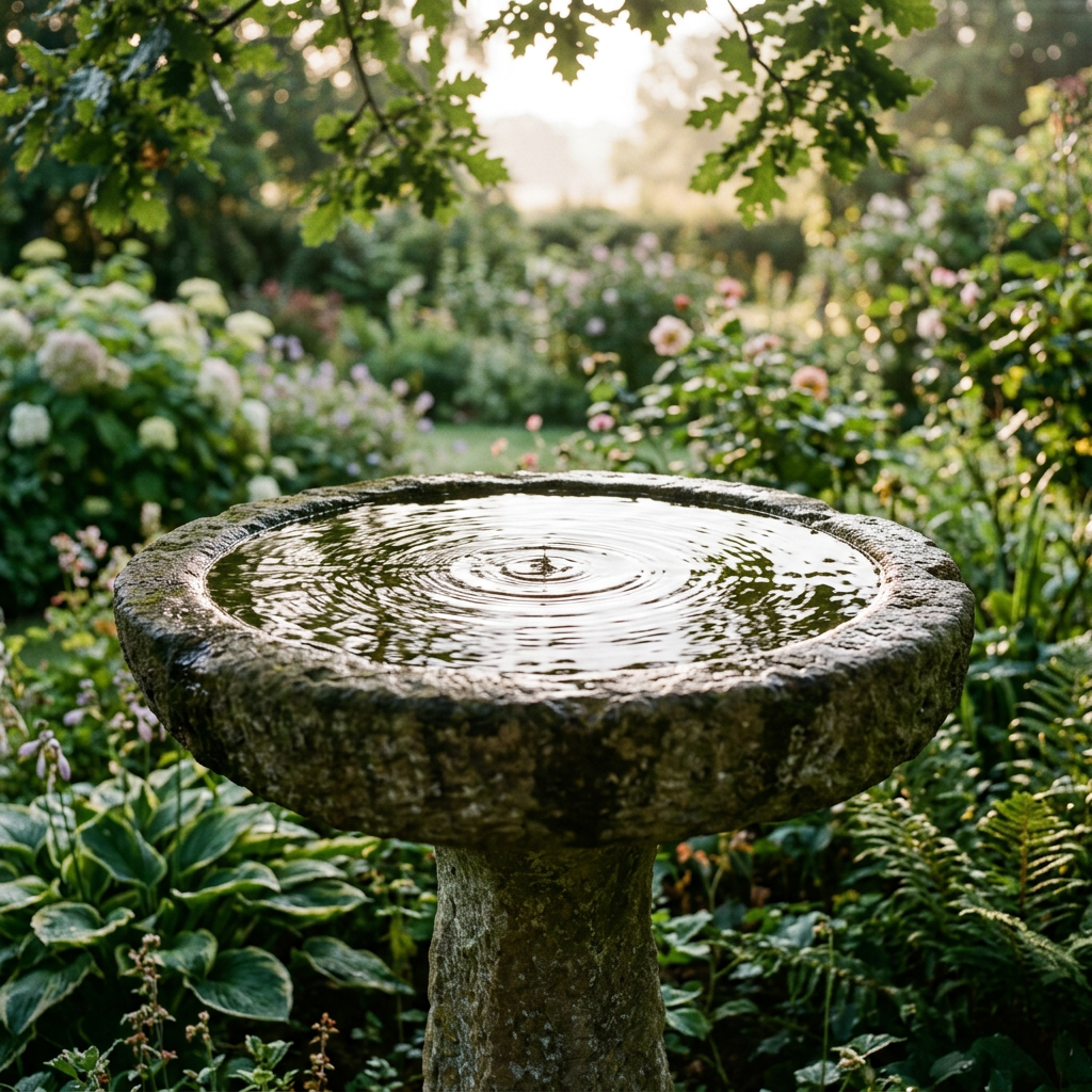 Stone birdbath with rippling water surrounded by green plants and flowers