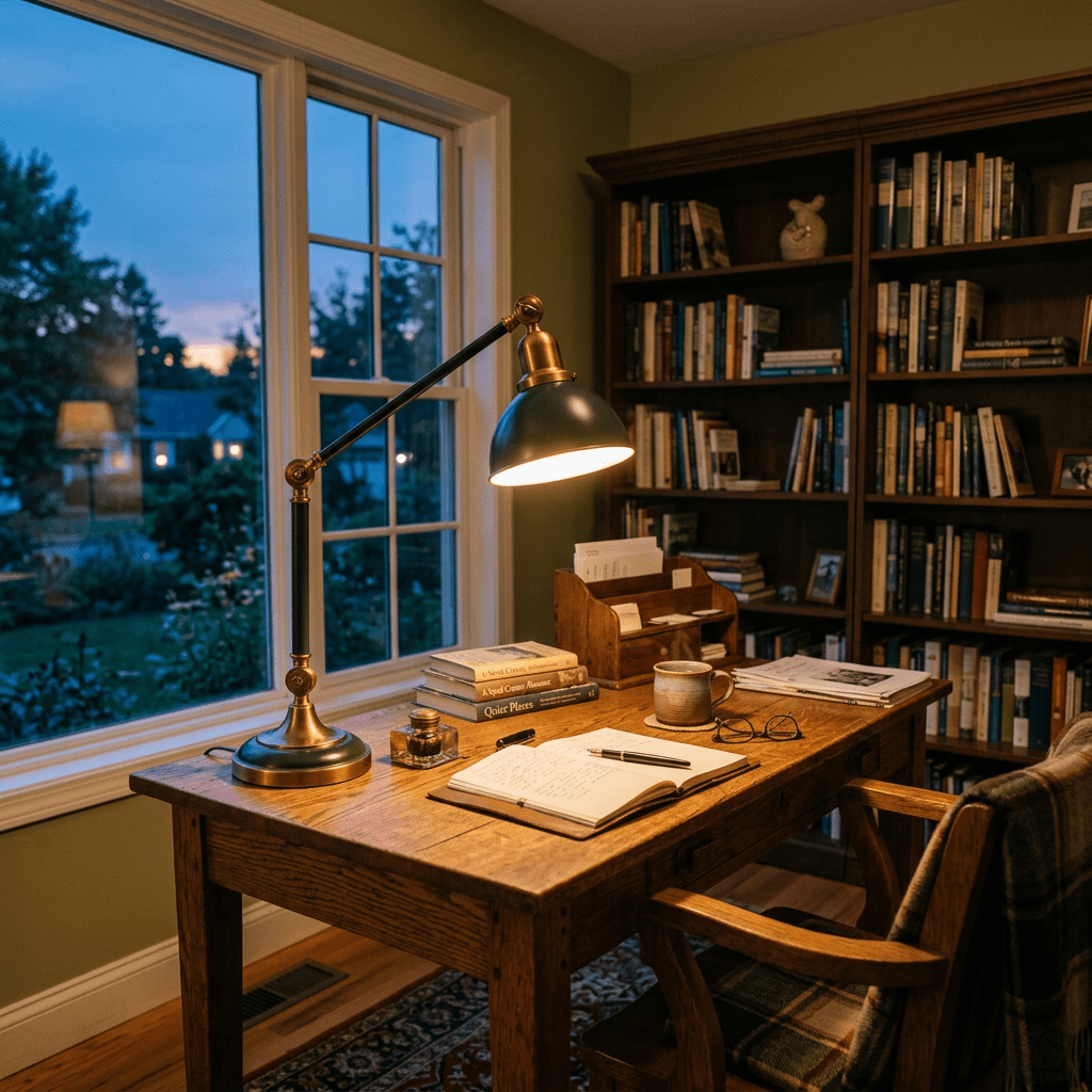 Wooden desk with reading lamp, open notebook, books, mug, and bookshelves in cozy home study at dusk