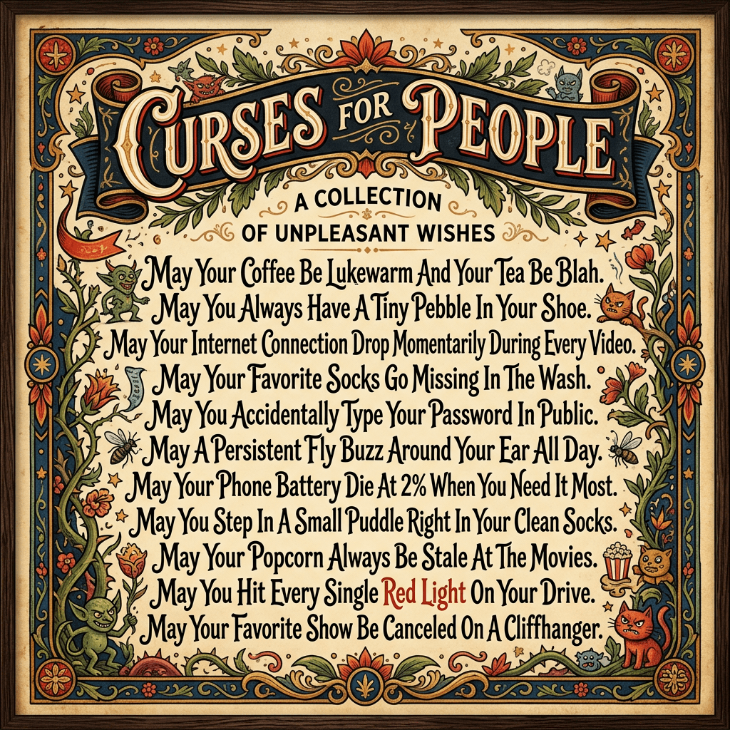 List of humorous mild curses for people including lukewarm coffee, internet drops, and lost socks.