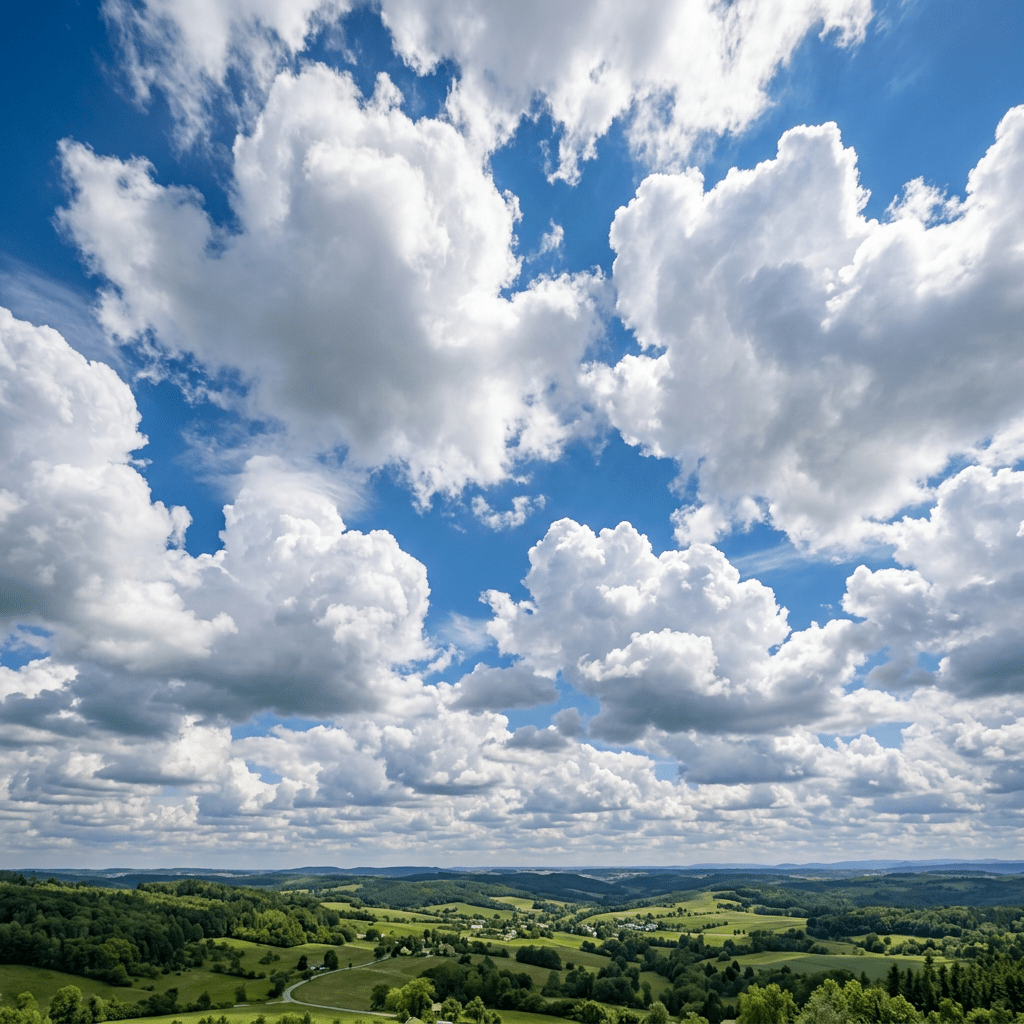 Rolling green hills and scattered villages under a partly cloudy blue sky