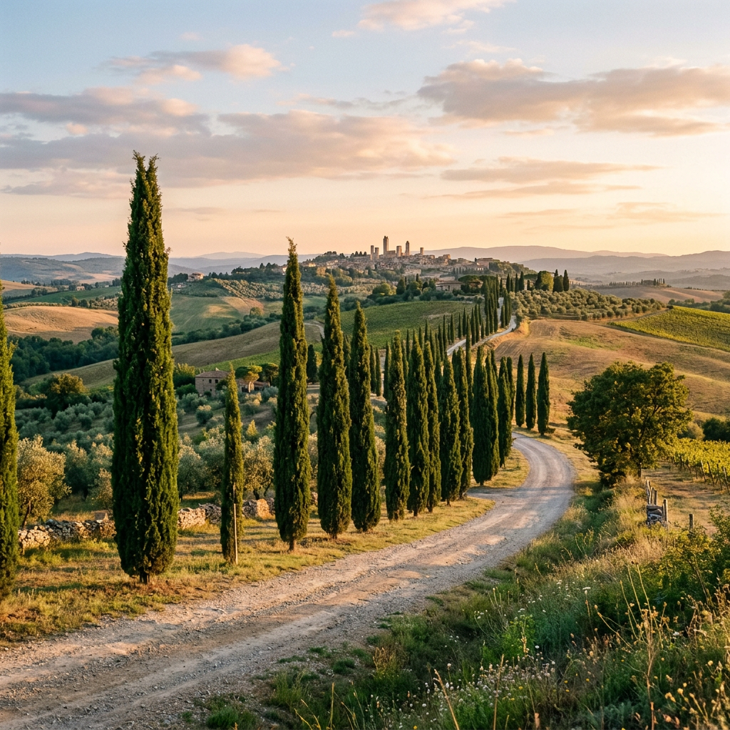 Winding dirt road bordered by tall cypress trees in Tuscan countryside leading to hilltop town