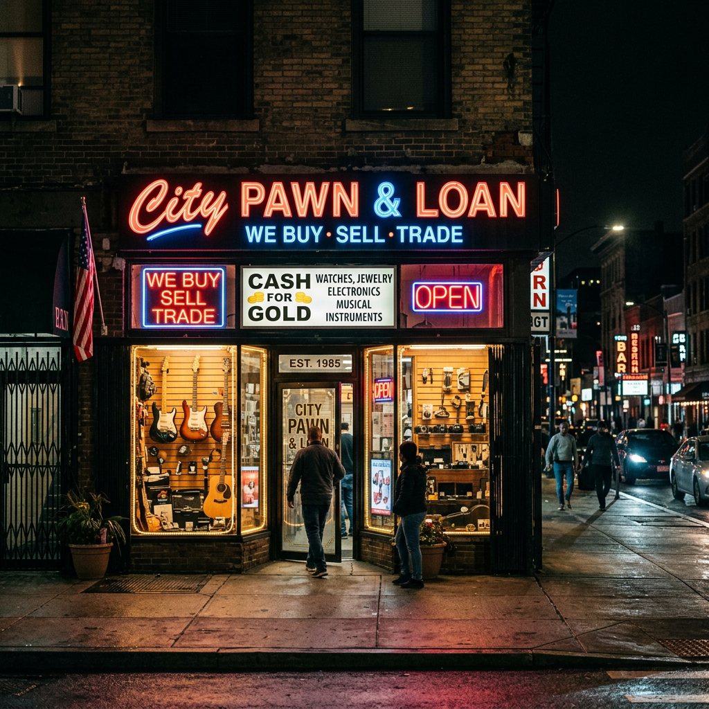 City Pawn & Loan shop front at night with neon signs and guitars in display windows
