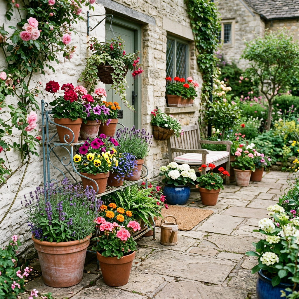 Stone cottage exterior with a variety of vibrant potted flowers and a wooden bench with cushion