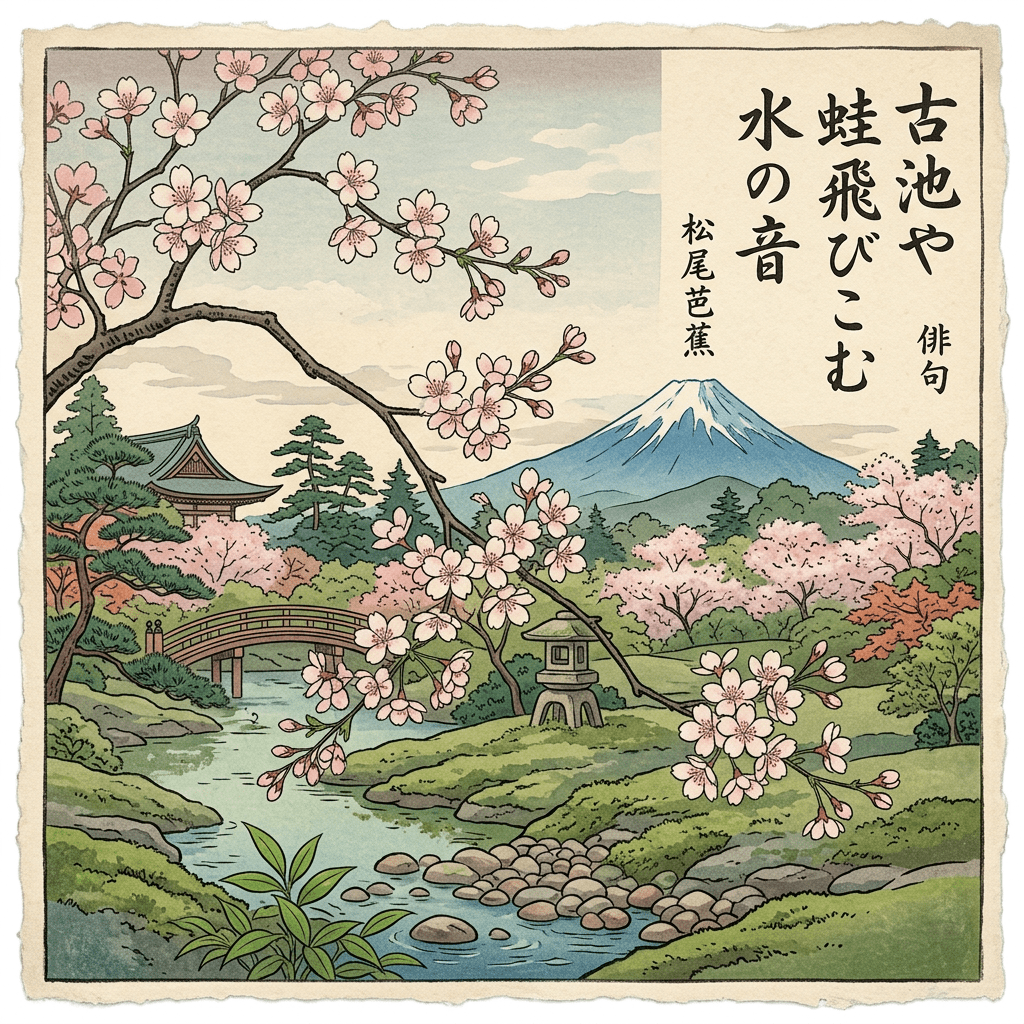 Japanese garden with cherry blossoms, a stream, bridge, Mount Fuji, and haiku text
