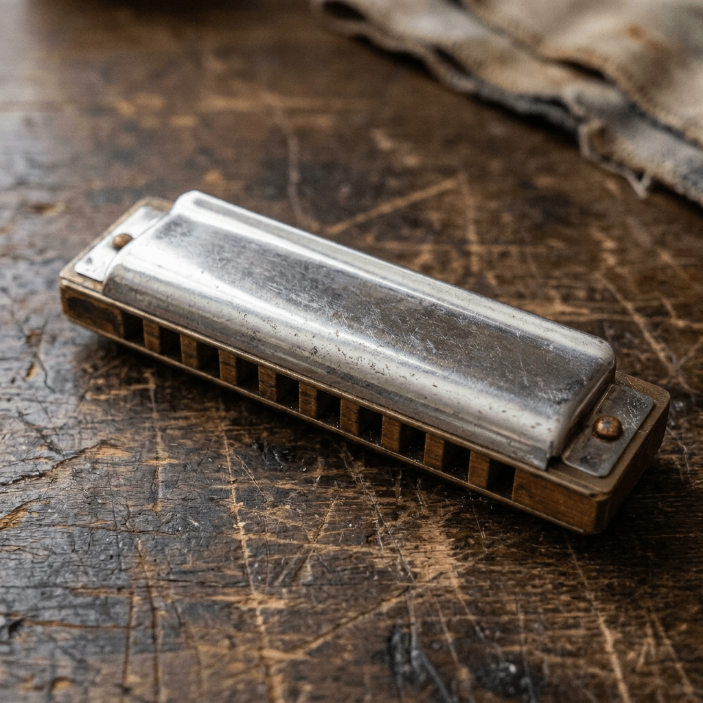 Marine Band harmonica with numbered holes on aged wooden table