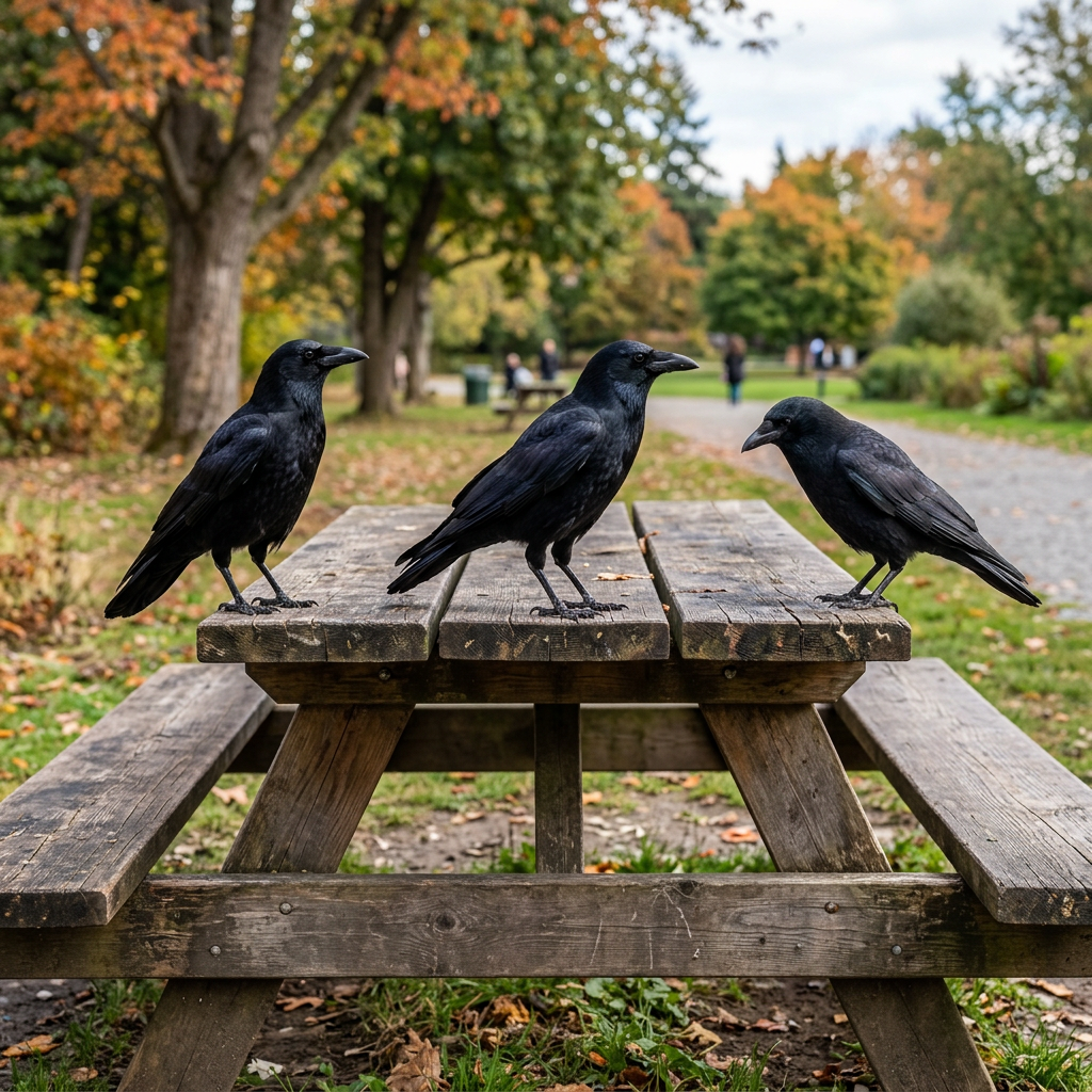 Three black crows perched on a wooden picnic table in an autumn park