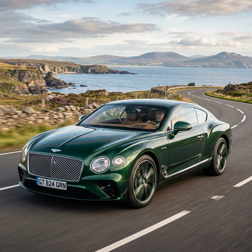 Dark green Bentley Continental GT driving along a coastal road